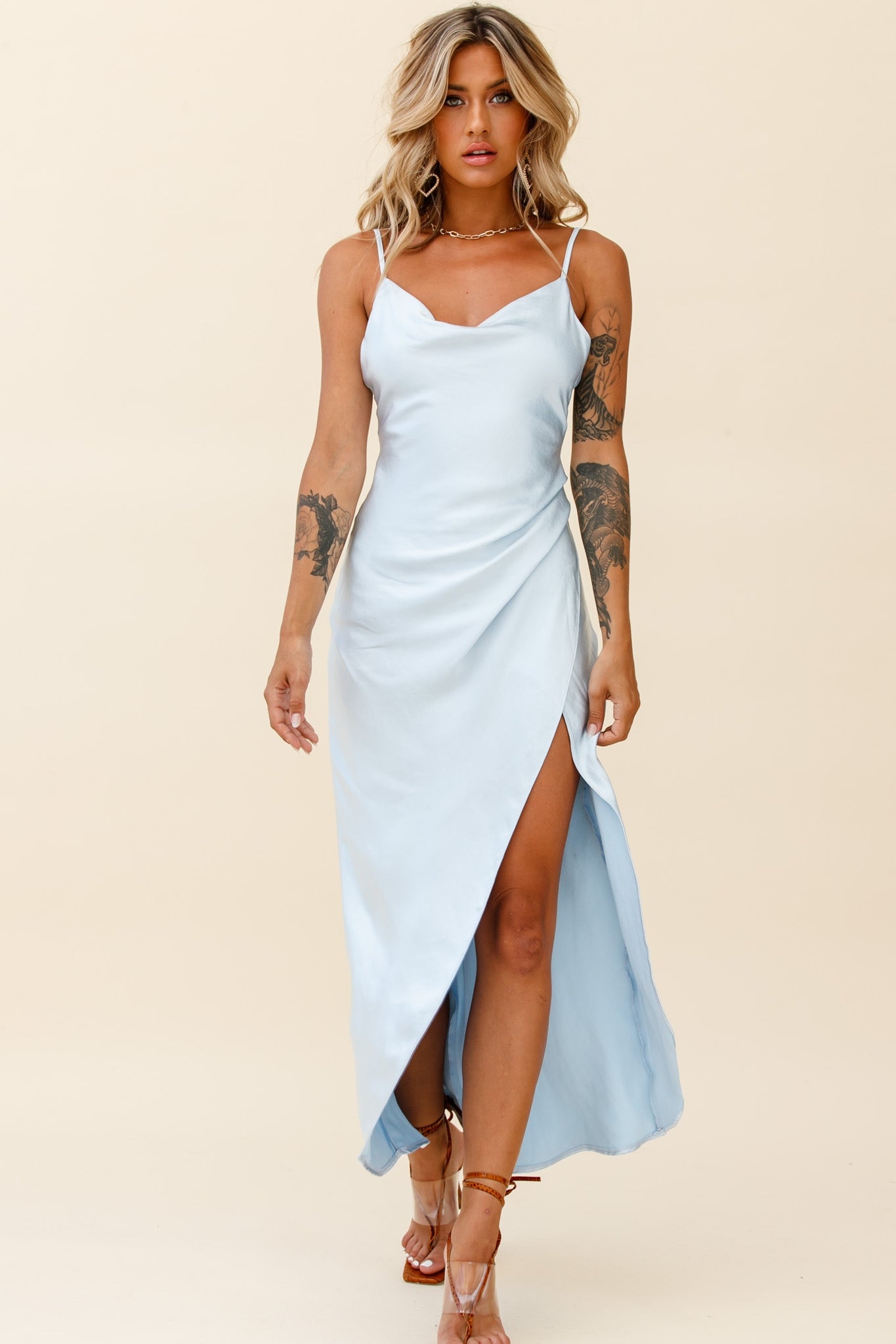 Hey Girl Long Satin Cowl Neck Dress Steel Blue-Maymioy