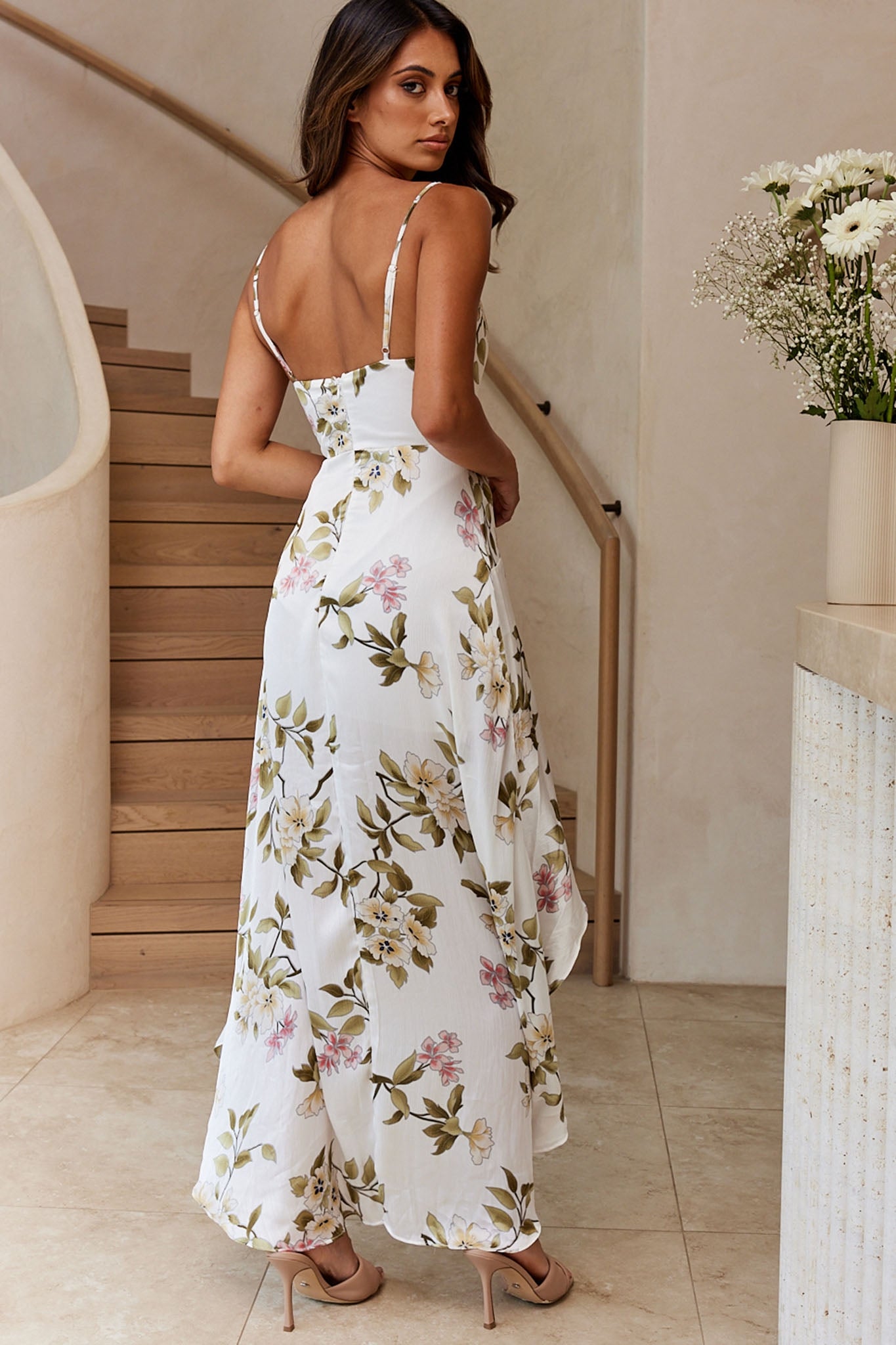 Imelda V-Neckline High-Low Hem Dress White-Maymioy