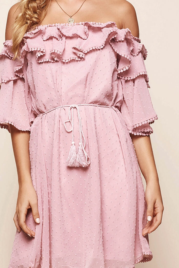 Springtime Hail Spot Chiffon Off Shoulder Dress Blush-Maymioy