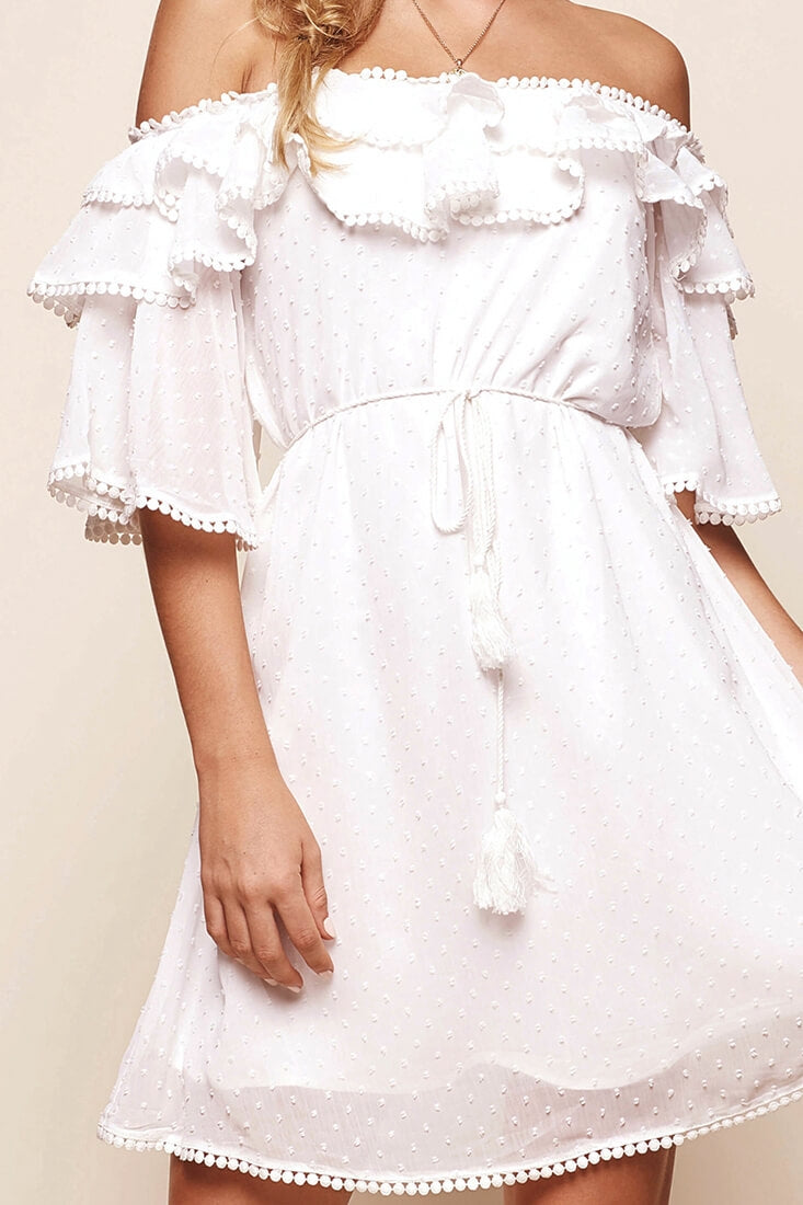 Springtime Hail Spot Chiffon Off Shoulder Dress White-Maymioy
