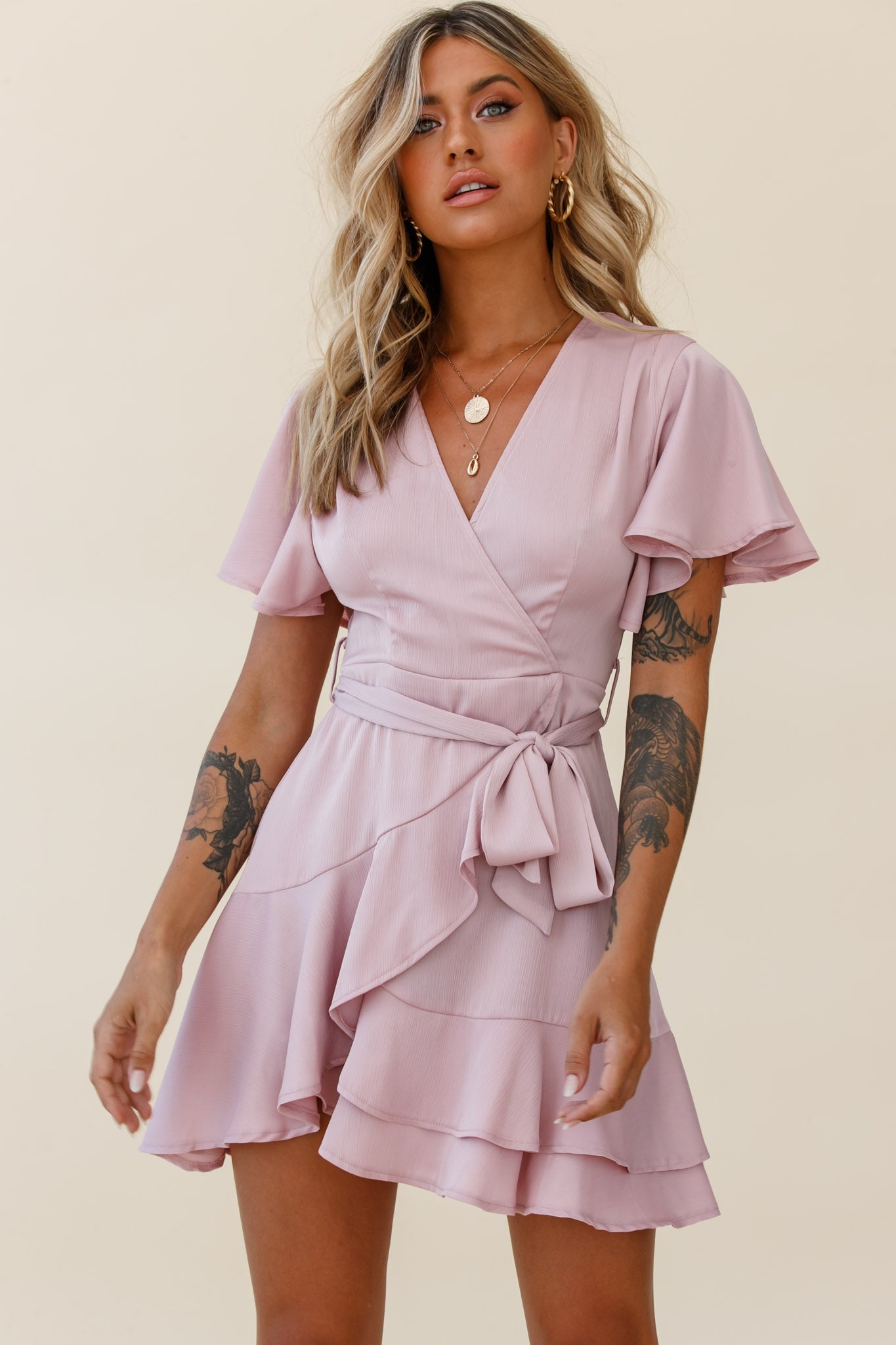 Cami Angel Sleeve Faux Wrap Dress Blush-Maymioy
