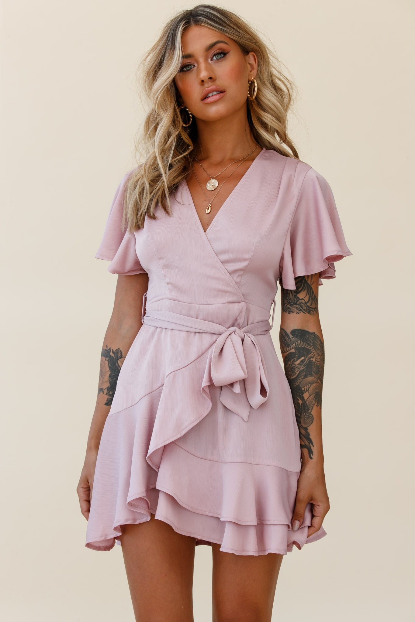 Cami Angel Sleeve Faux Wrap Dress Blush-Maymioy