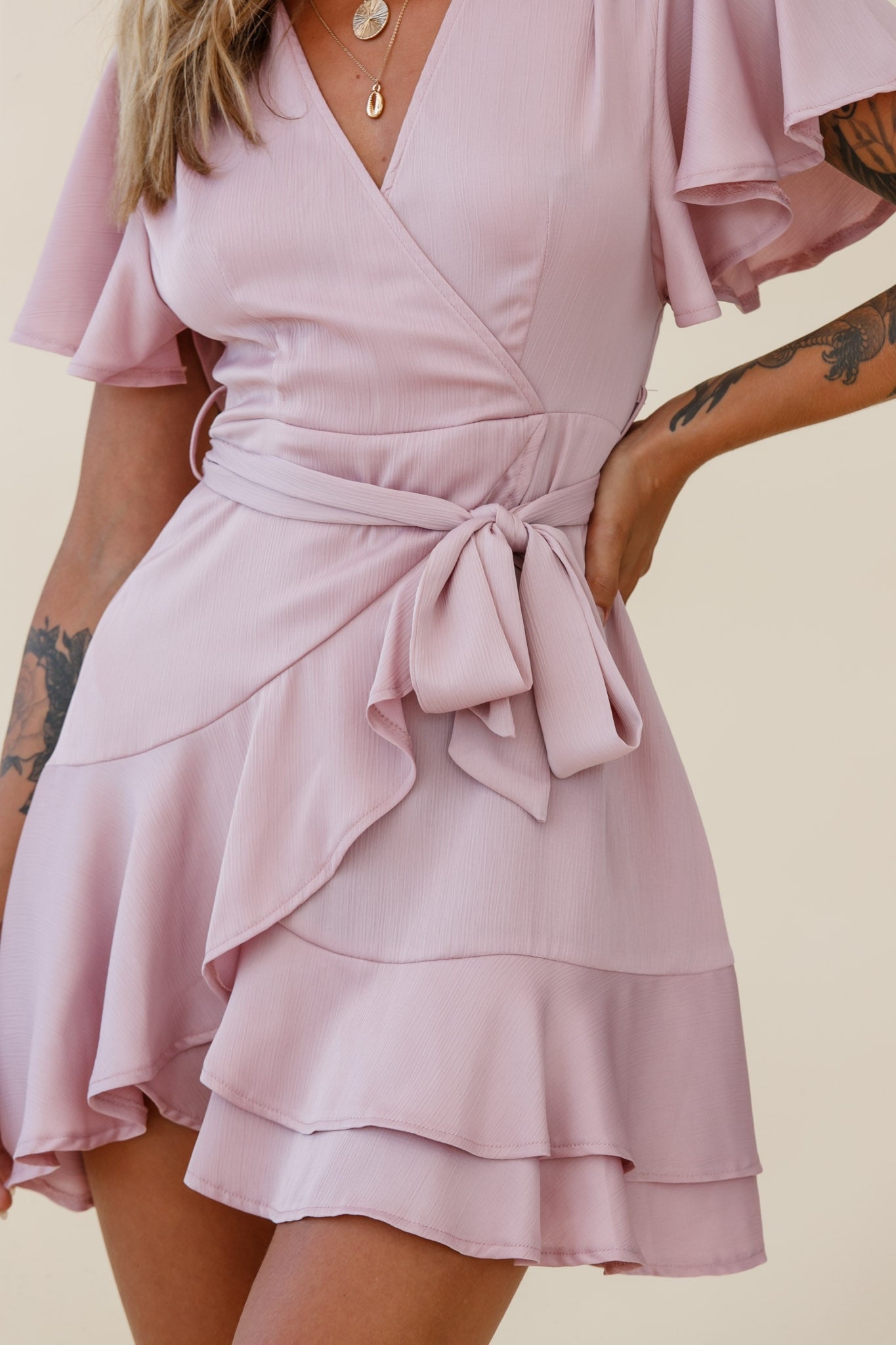 Cami Angel Sleeve Faux Wrap Dress Blush-Maymioy