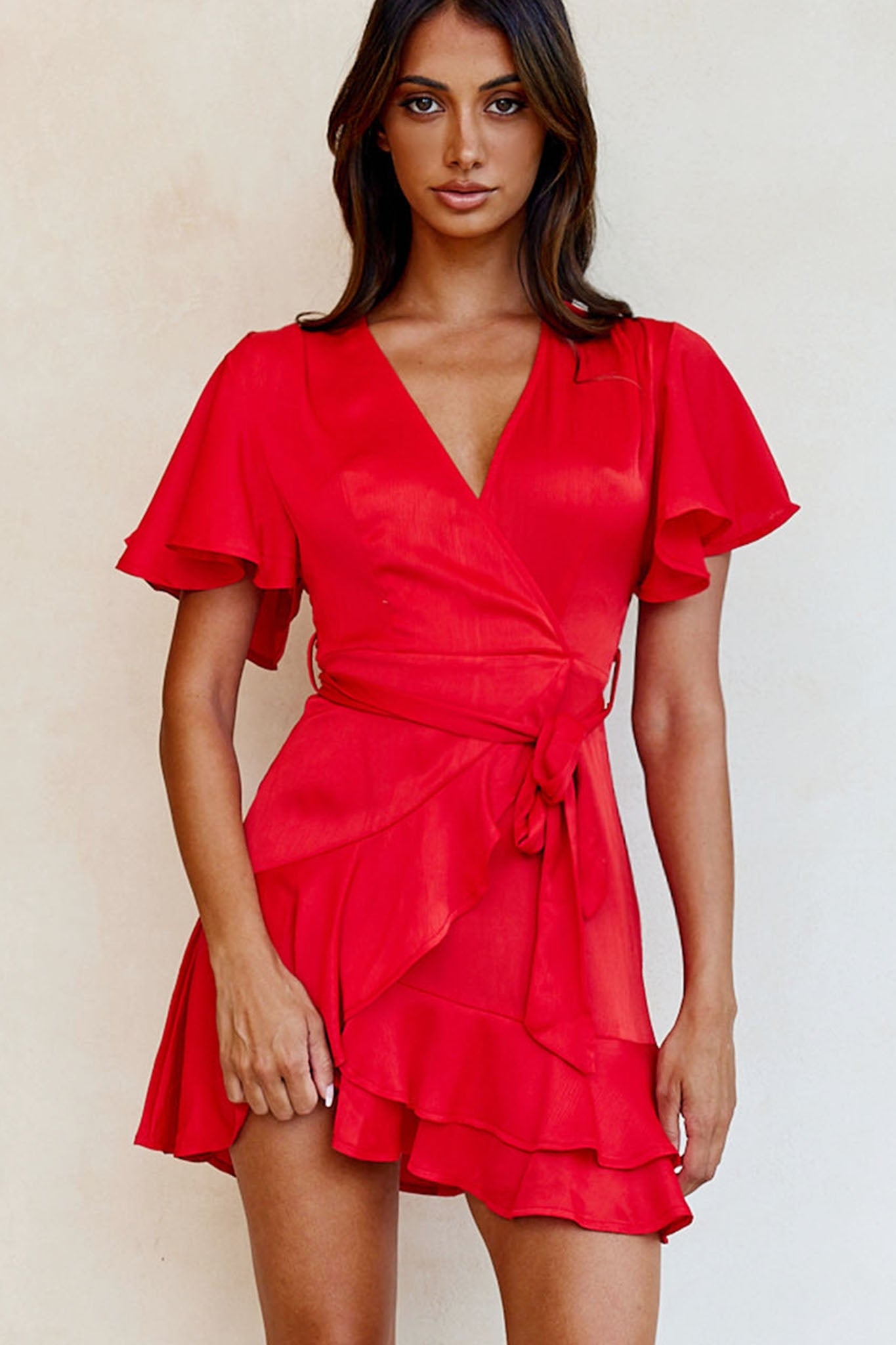 Cami Angel Sleeve Faux Wrap Dress Red-Maymioy