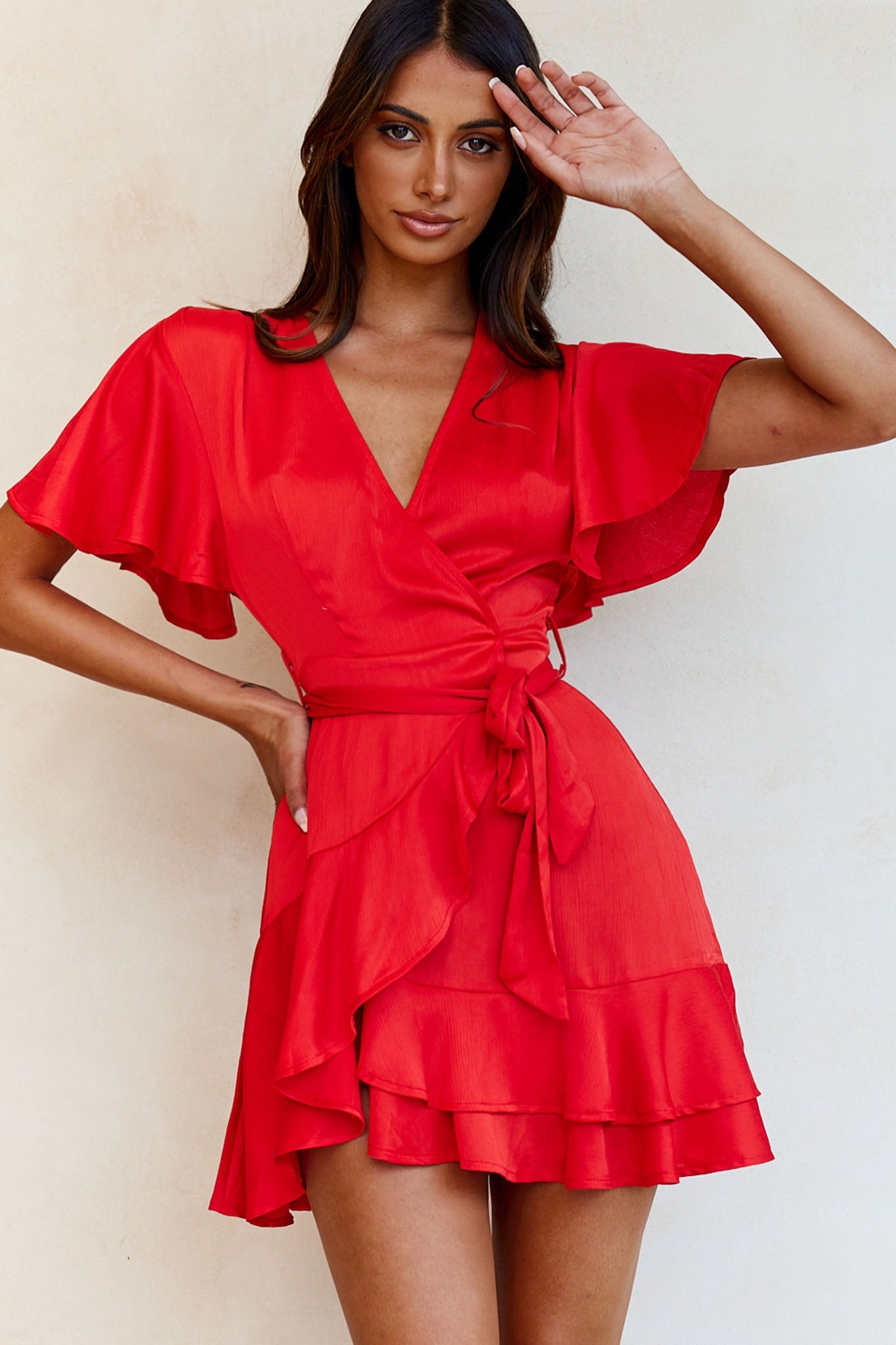 Cami Angel Sleeve Faux Wrap Dress Red-Maymioy