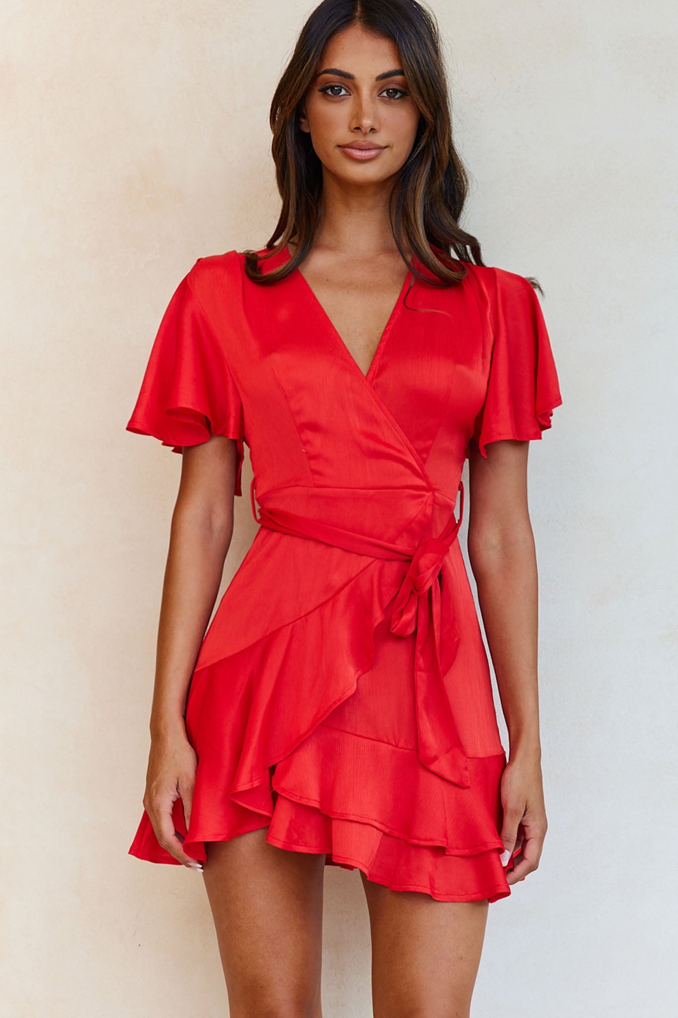 Cami Angel Sleeve Faux Wrap Dress Red-Maymioy