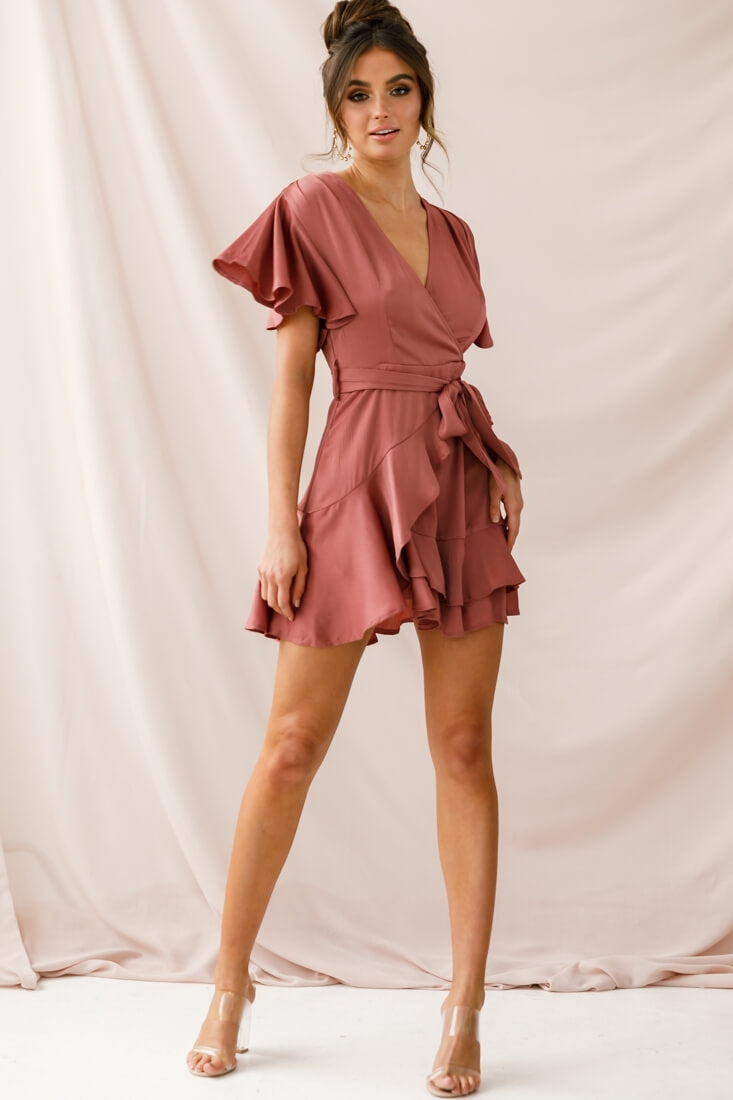 Cami Angel Sleeve Faux Wrap Dress Rose-Maymioy