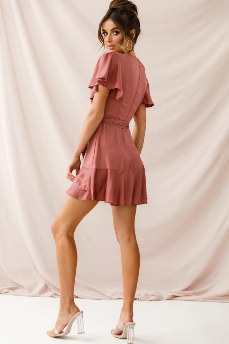 Cami Angel Sleeve Faux Wrap Dress Rose-Maymioy