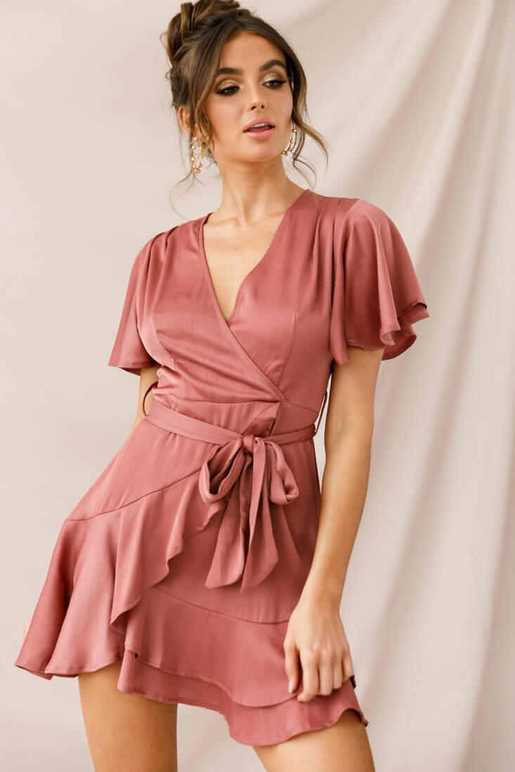 Cami Angel Sleeve Faux Wrap Dress Rose-Maymioy