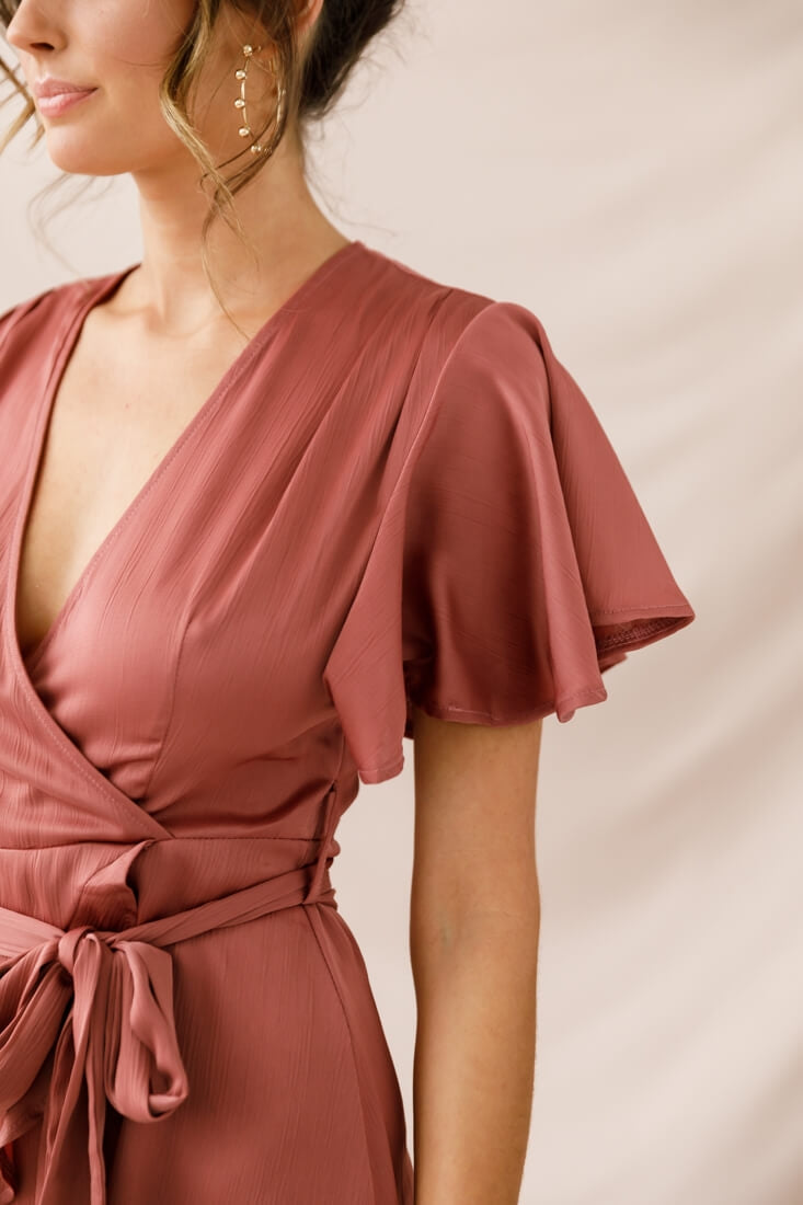 Cami Angel Sleeve Faux Wrap Dress Rose-Maymioy