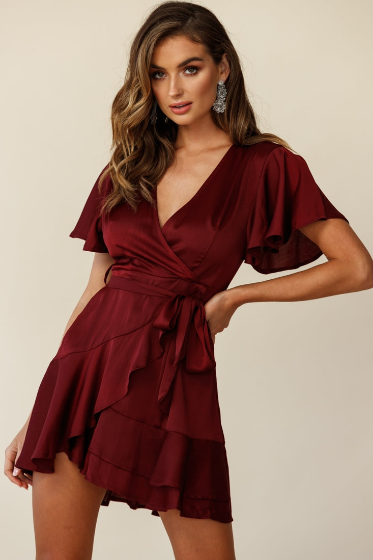 Cami Angel Sleeve Faux Wrap Dress Wine-Maymioy