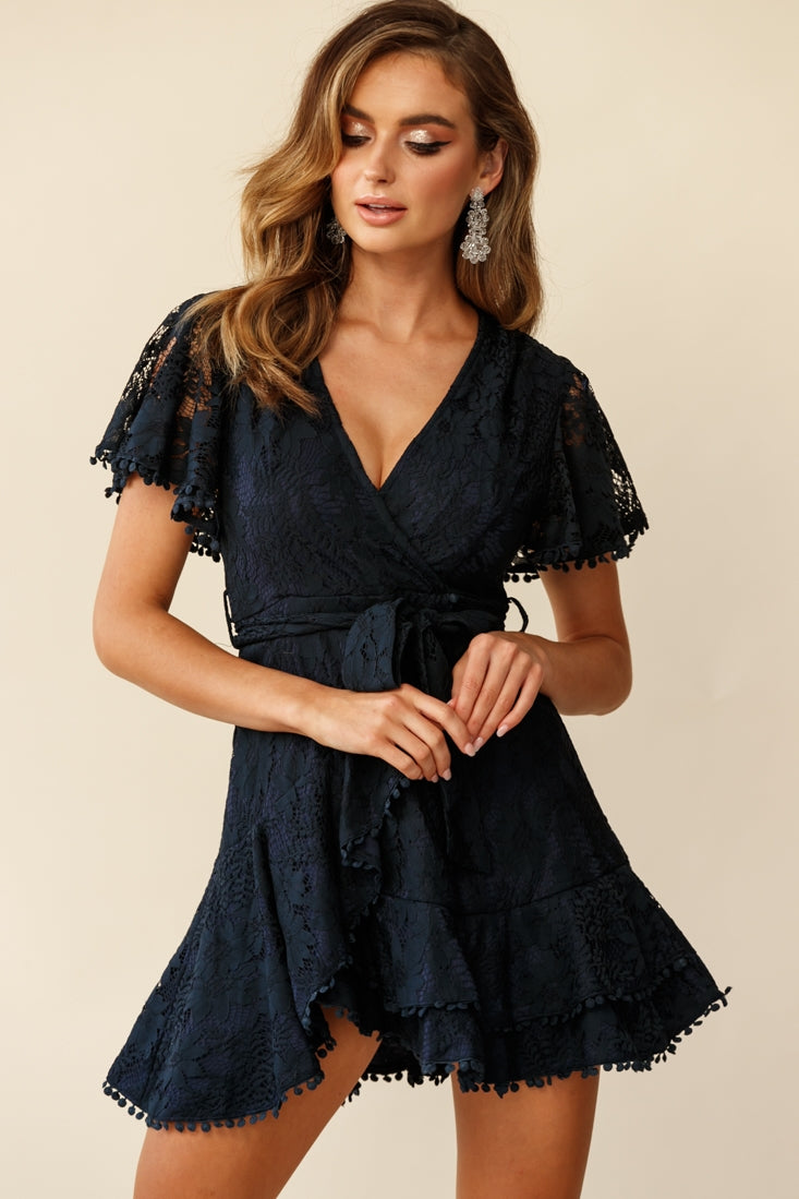 Cami Angel Sleeve Faux Wrap Dress Navy Lace-Maymioy