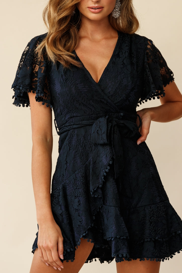 Cami Angel Sleeve Faux Wrap Dress Navy Lace-Maymioy
