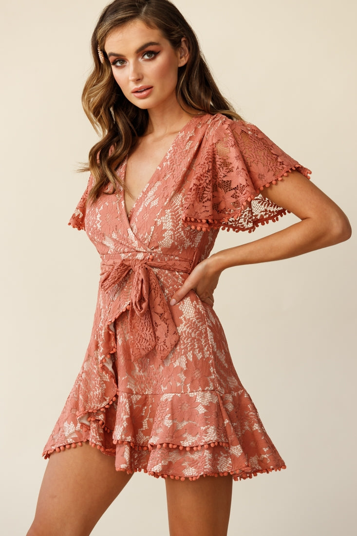 Cami Angel Sleeve Faux Wrap Dress Lace Rose-Maymioy