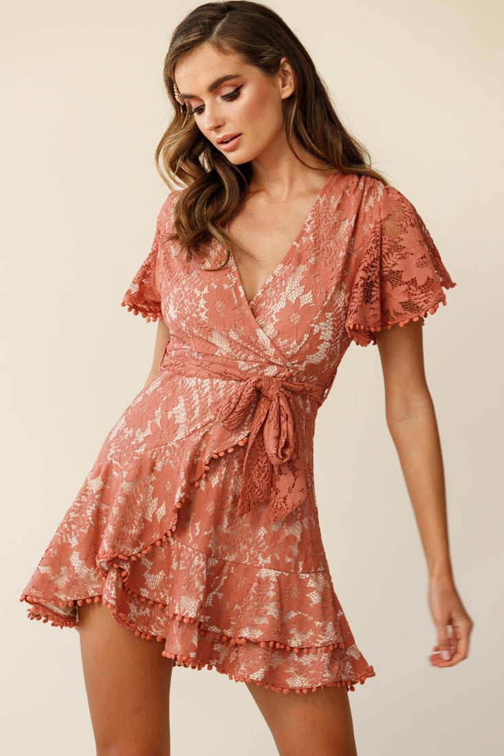 Cami Angel Sleeve Faux Wrap Dress Lace Rose-Maymioy