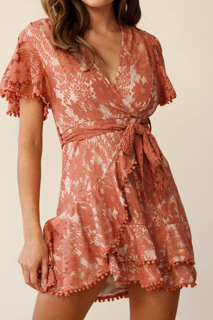 Cami Angel Sleeve Faux Wrap Dress Lace Rose-Maymioy