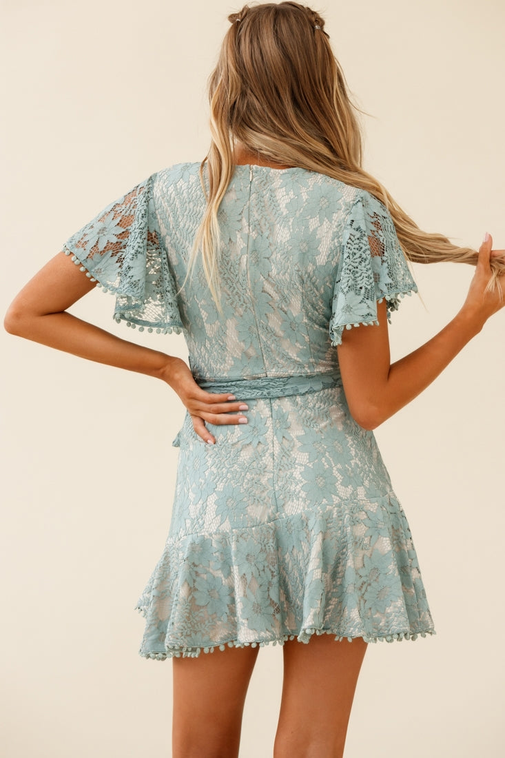 Cami Angel Sleeve Faux Wrap Dress Sage With Beige Lining-Maymioy
