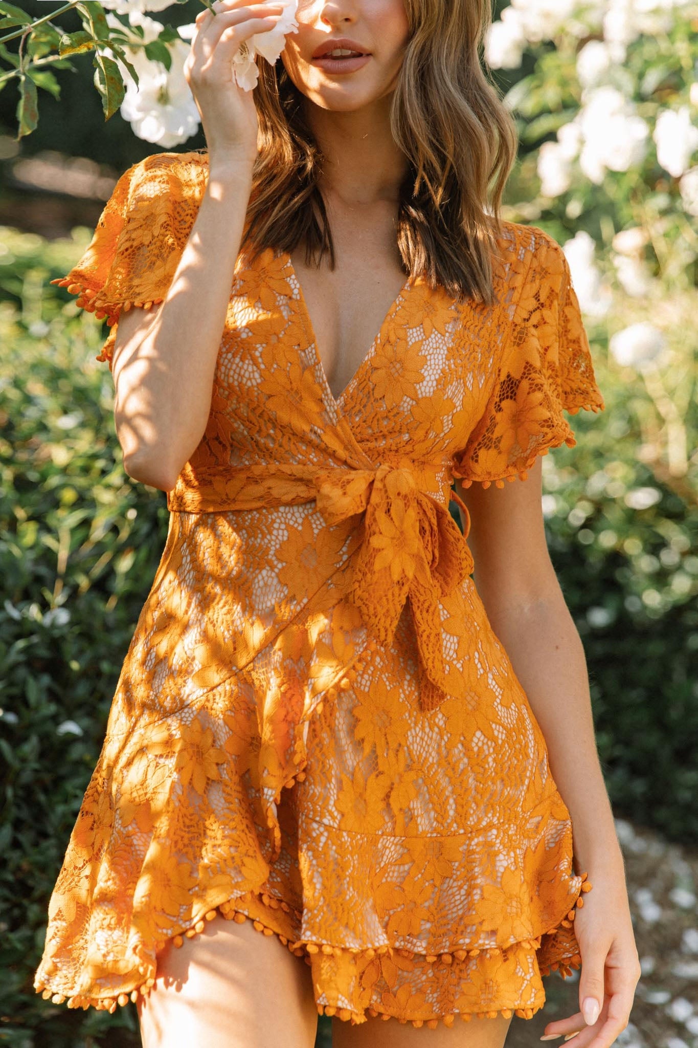 Cami Angel Sleeve Faux Wrap Dress Orange Sunset-Maymioy