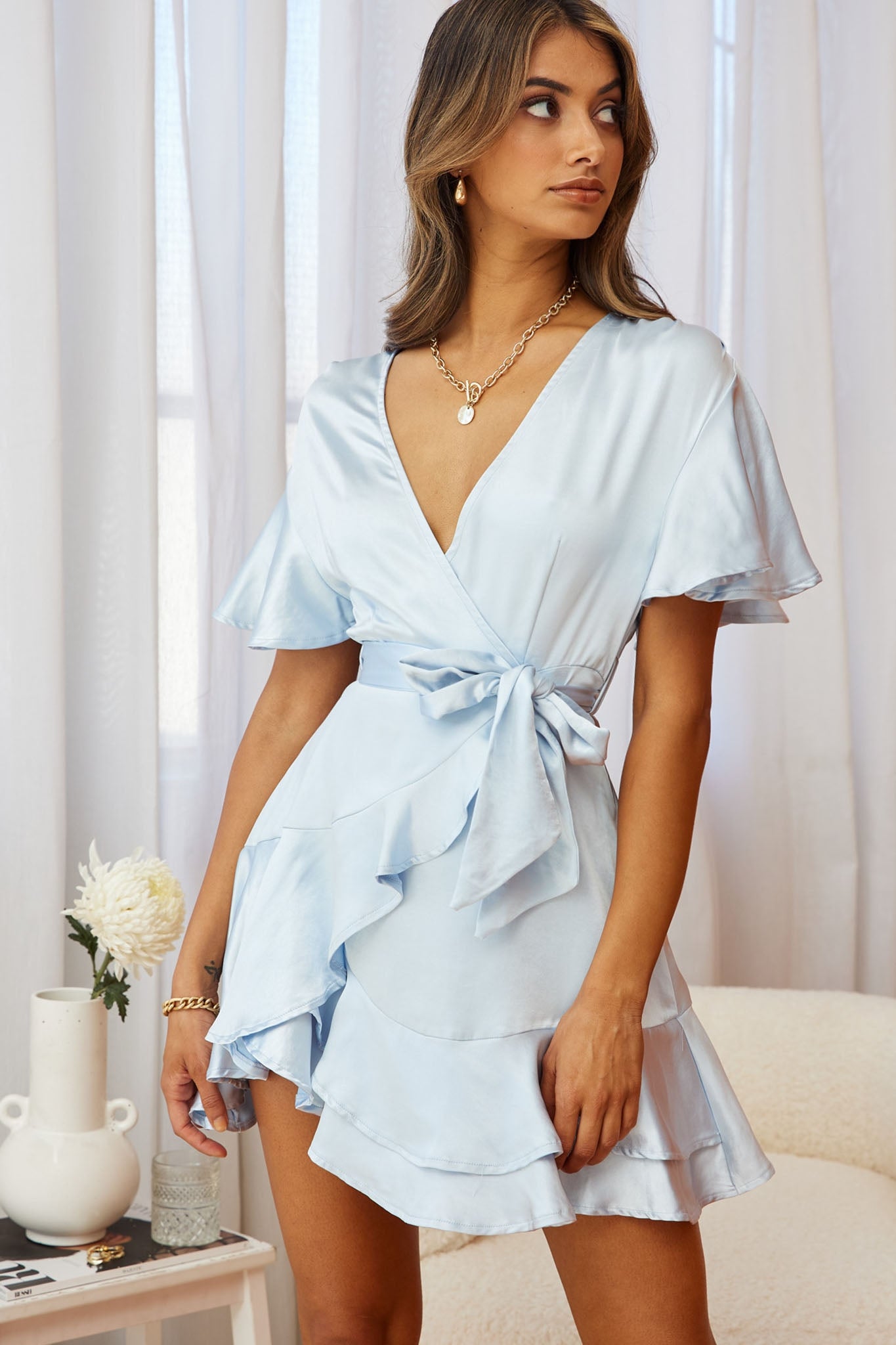 Cami Angel Sleeve Faux Wrap Dress Steel Blue-Maymioy