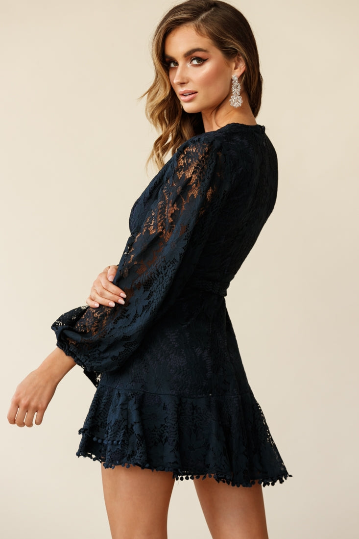 Cami Balloon Sleeve Faux Wrap Dress Lace Navy-Maymioy
