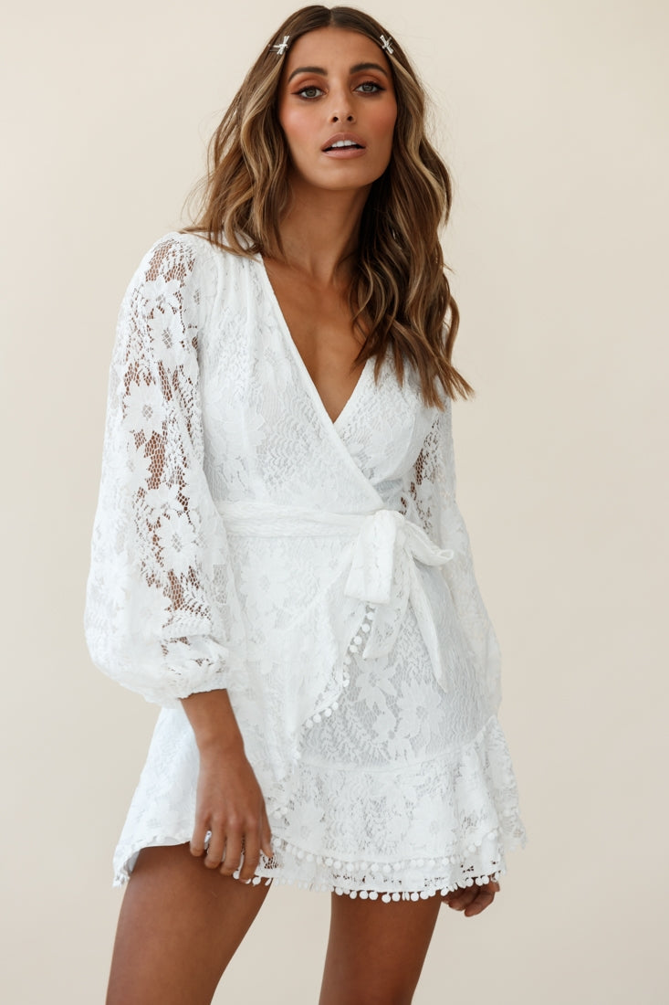 Cami Balloon Sleeve Faux Wrap Dress Lace White-Maymioy