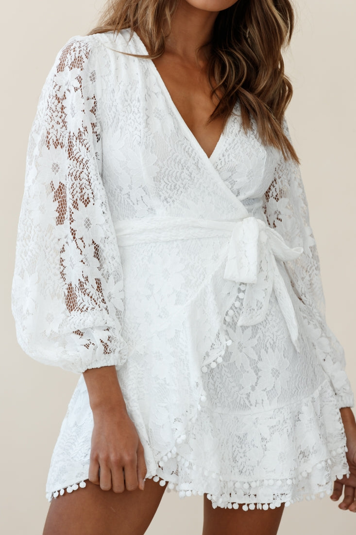 Cami Balloon Sleeve Faux Wrap Dress Lace White-Maymioy