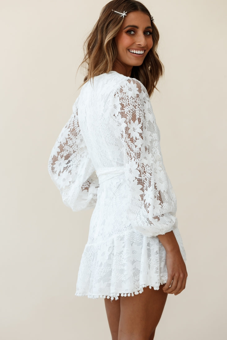 Cami Balloon Sleeve Faux Wrap Dress Lace White-Maymioy