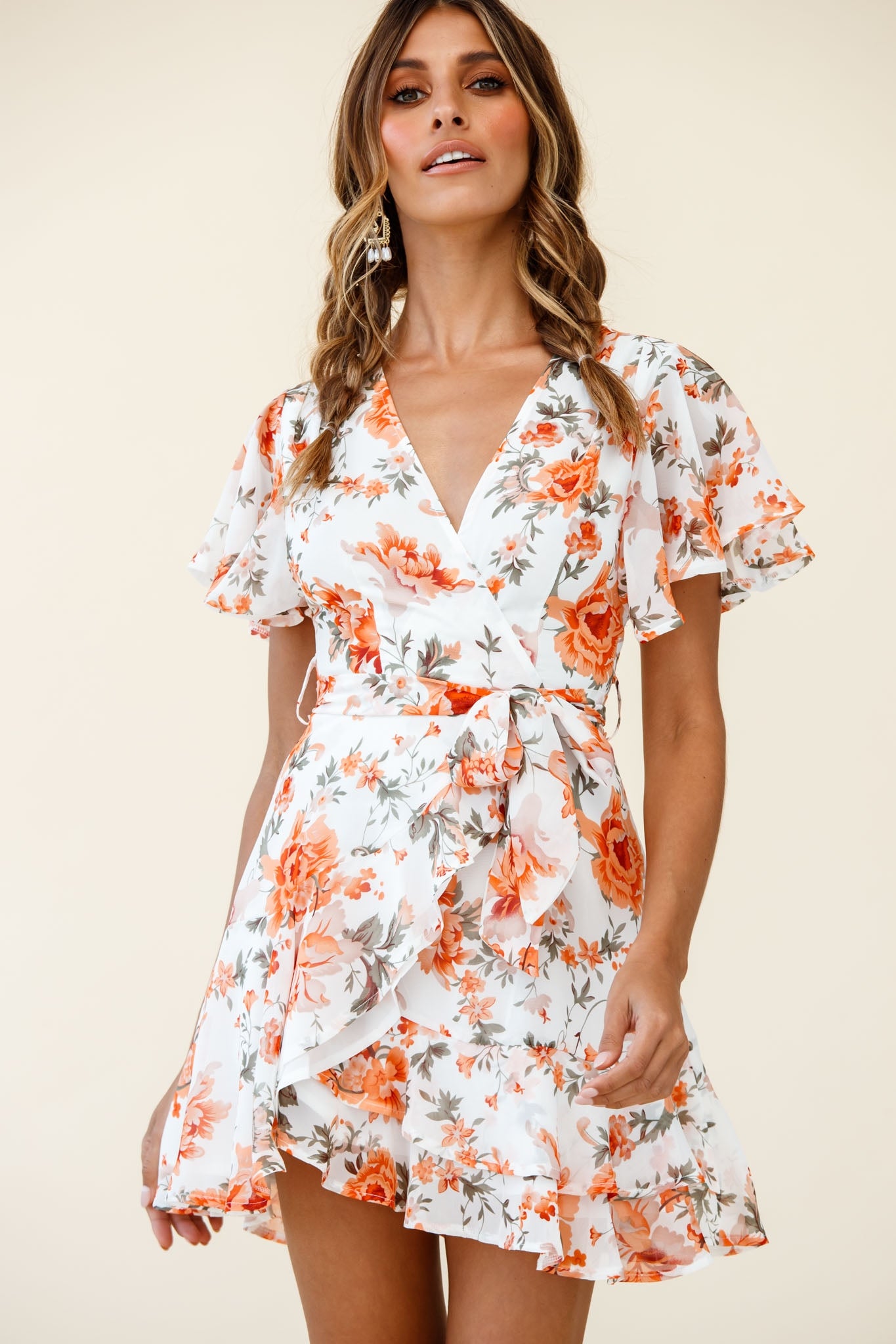 Cami Angel Sleeve Faux Wrap Dress Rose Print Orange-Maymioy