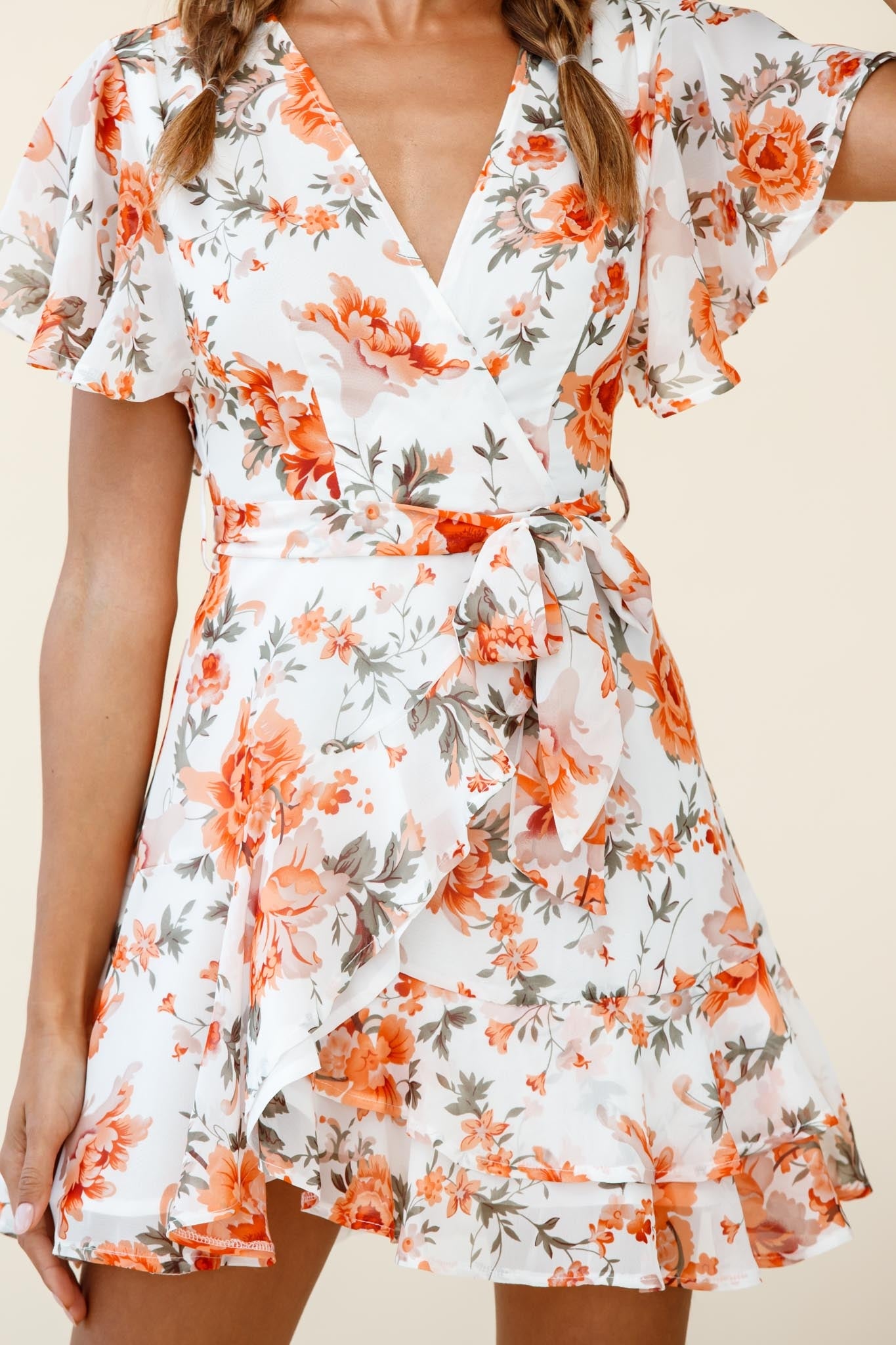 Cami Angel Sleeve Faux Wrap Dress Rose Print Orange-Maymioy