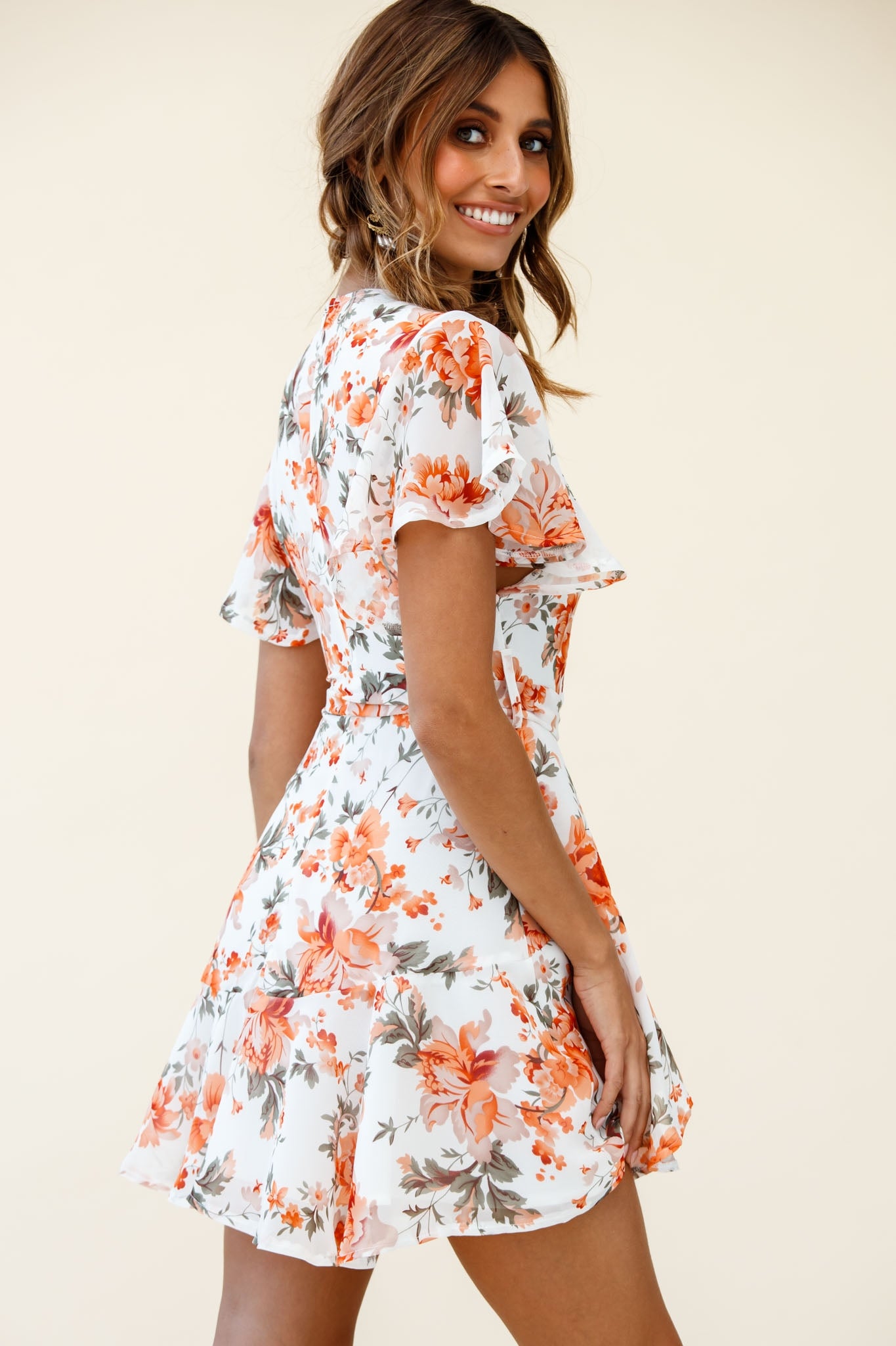 Cami Angel Sleeve Faux Wrap Dress Rose Print Orange-Maymioy