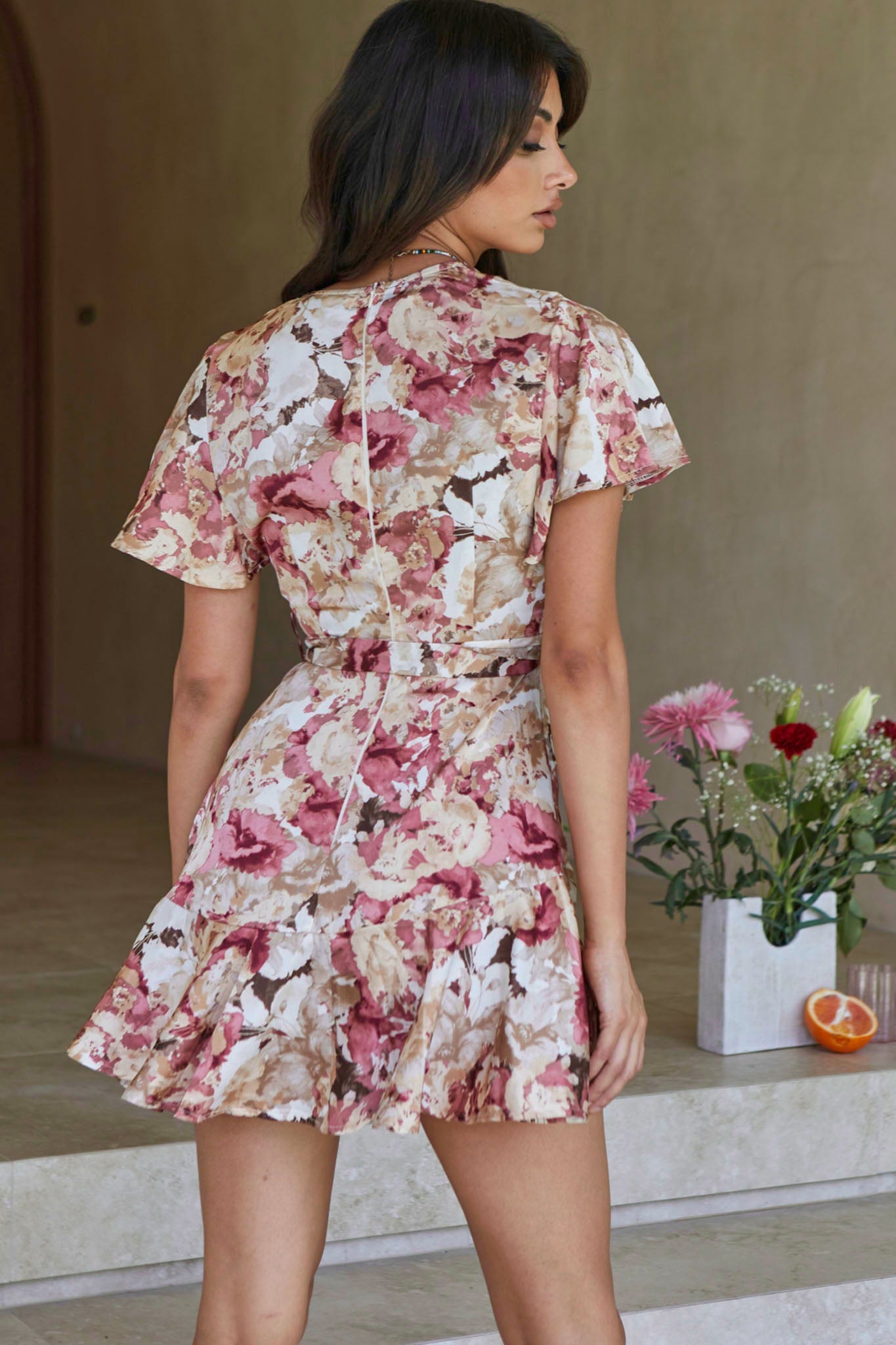 Cami Angel Sleeve Faux Wrap Dress Abstract Floral Print Rose-Maymioy