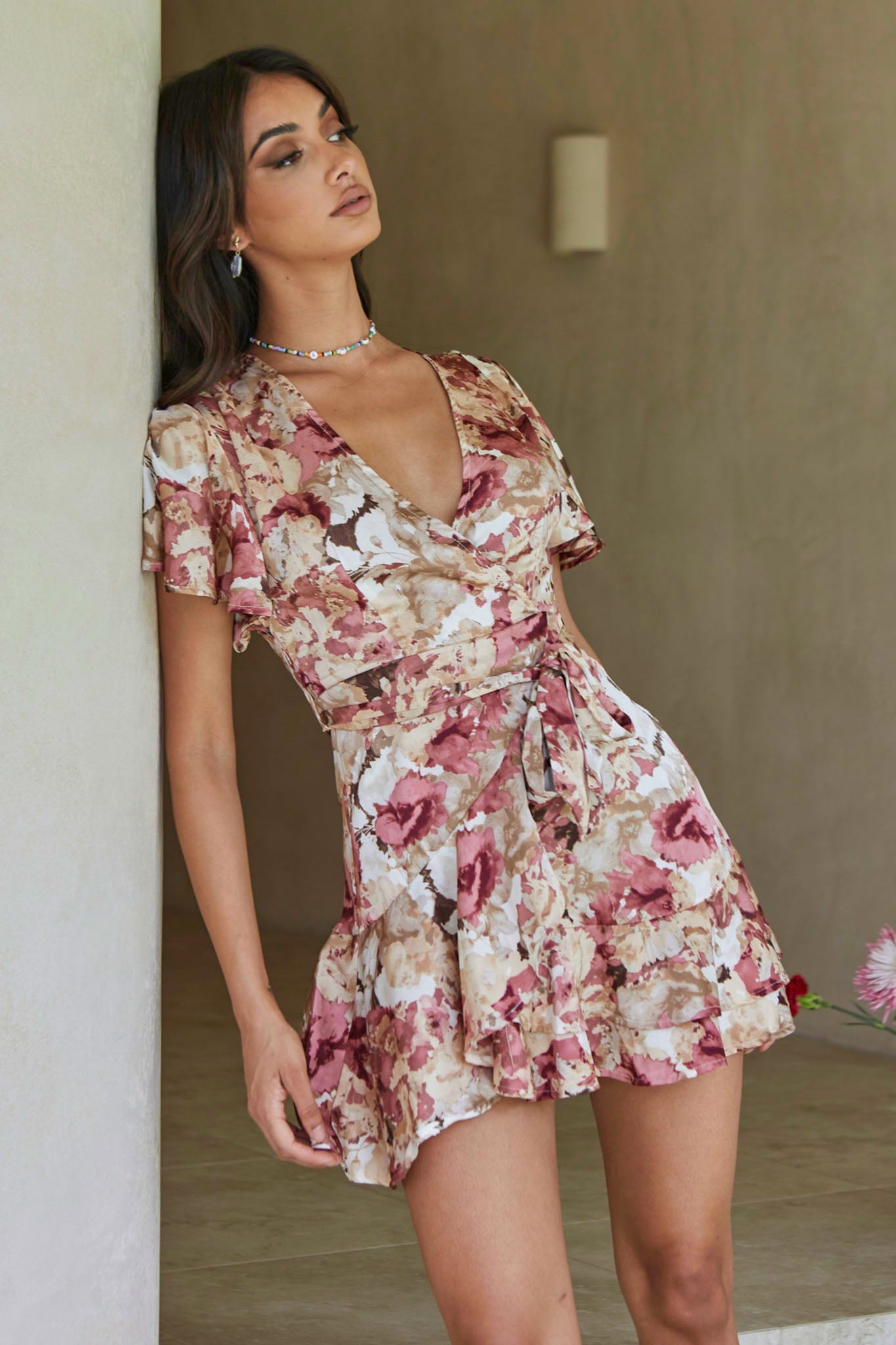 Cami Angel Sleeve Faux Wrap Dress Abstract Floral Print Rose-Maymioy