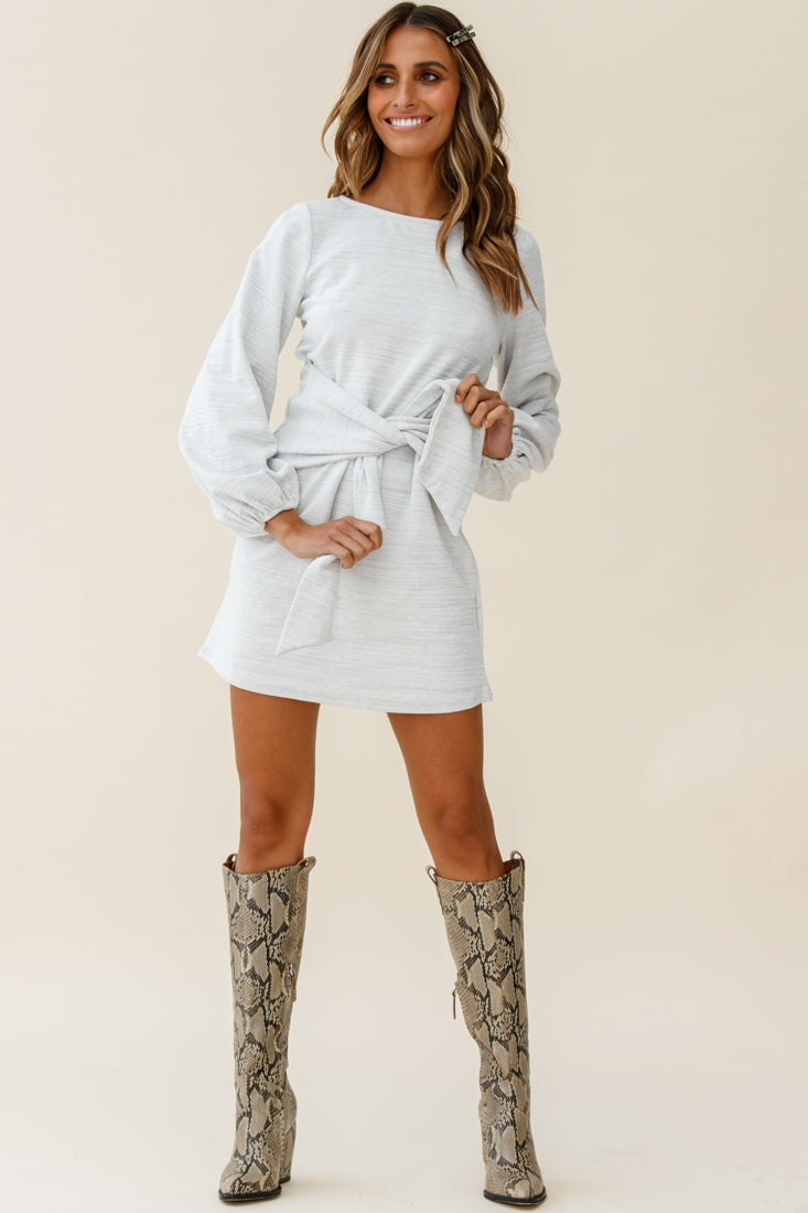 Rapt Waist Tie Bishop Sleeve Knit Dress Steel Grey-Maymioy
