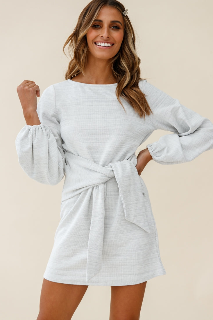 Rapt Waist Tie Bishop Sleeve Knit Dress Steel Grey-Maymioy