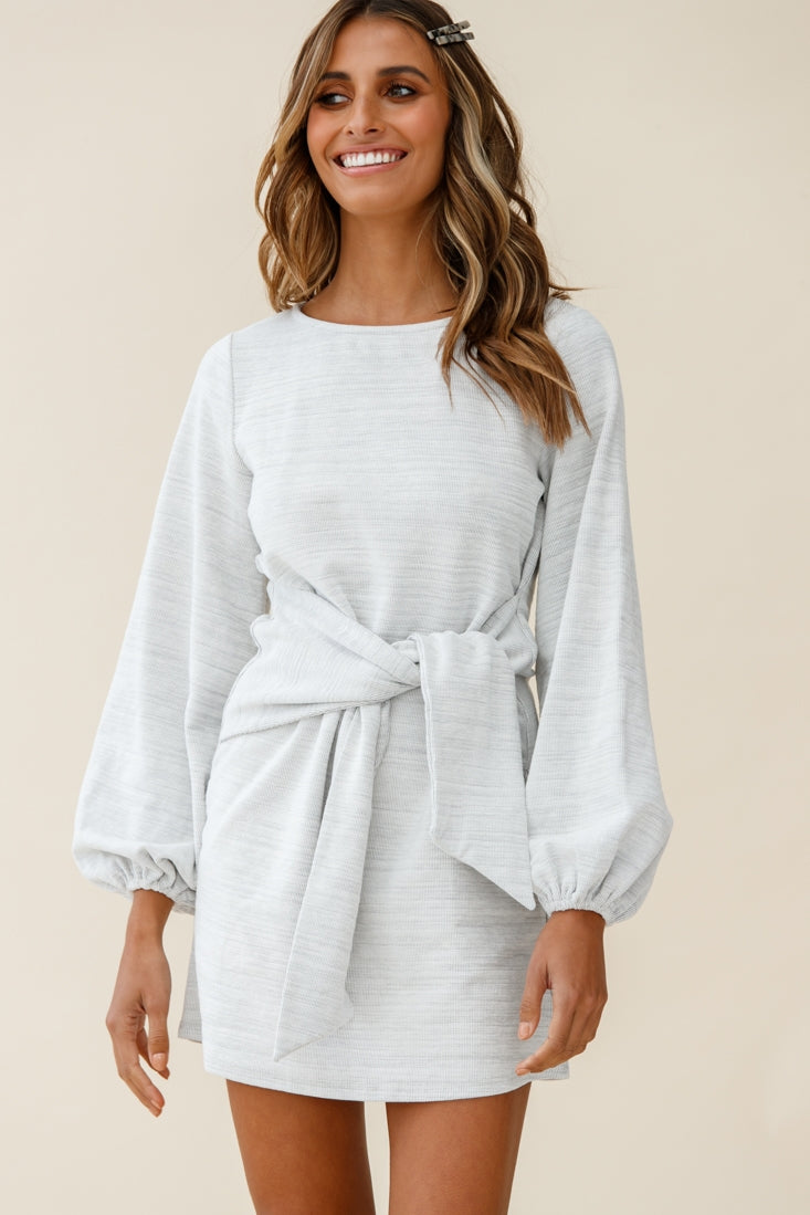 Rapt Waist Tie Bishop Sleeve Knit Dress Steel Grey-Maymioy