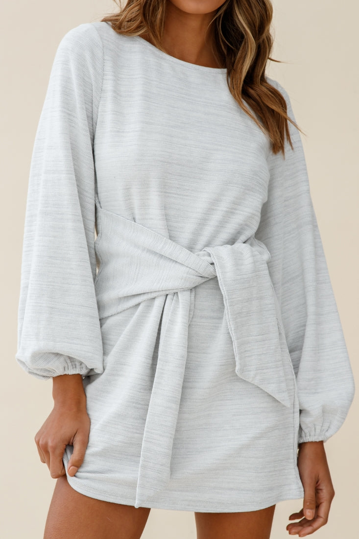 Rapt Waist Tie Bishop Sleeve Knit Dress Steel Grey-Maymioy