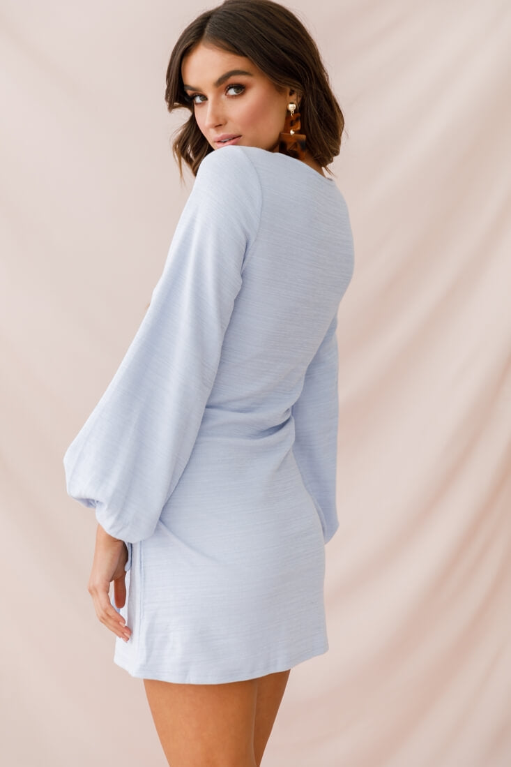 Rapt Waist Tie Bishop Sleeve Knit Dress Steel Blue-Maymioy