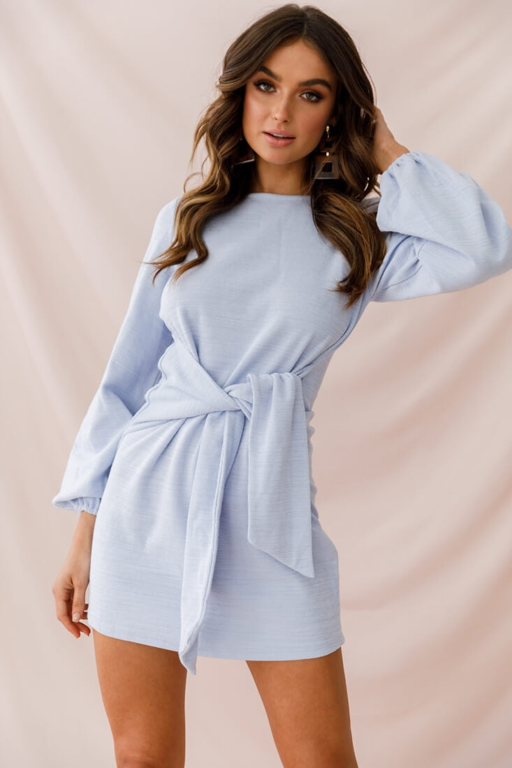 Rapt Waist Tie Bishop Sleeve Knit Dress Steel Blue-Maymioy