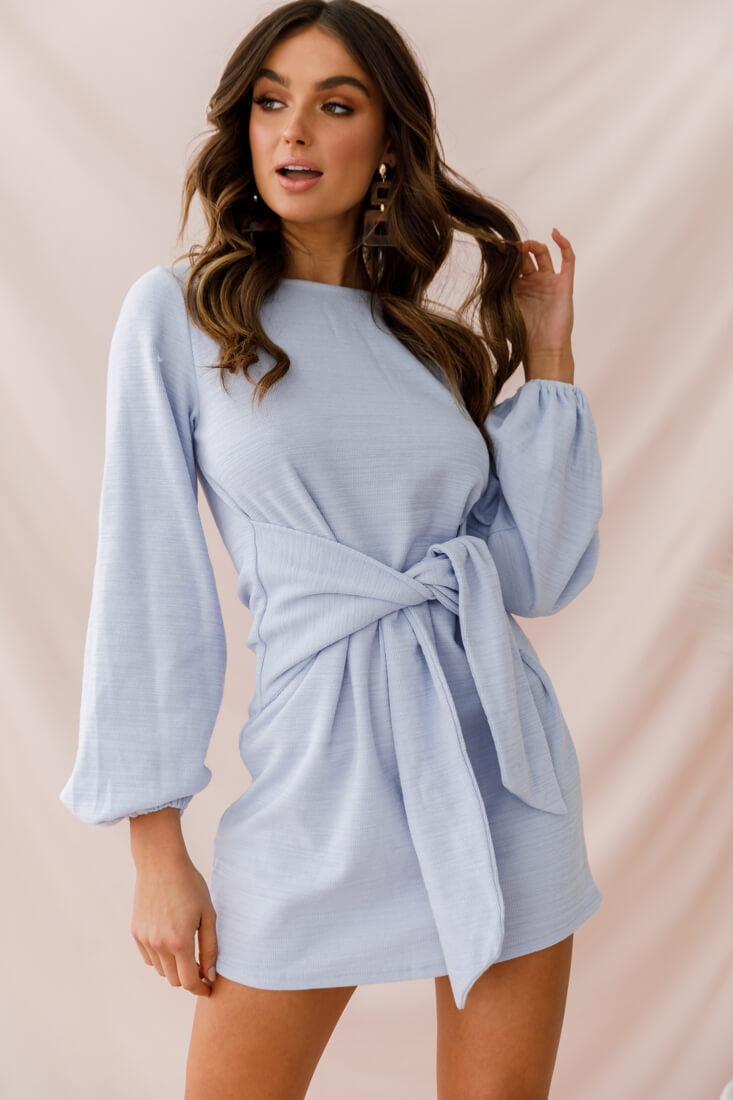 Rapt Waist Tie Bishop Sleeve Knit Dress Steel Blue-Maymioy