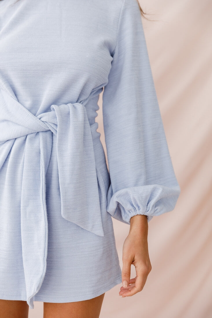 Rapt Waist Tie Bishop Sleeve Knit Dress Steel Blue-Maymioy