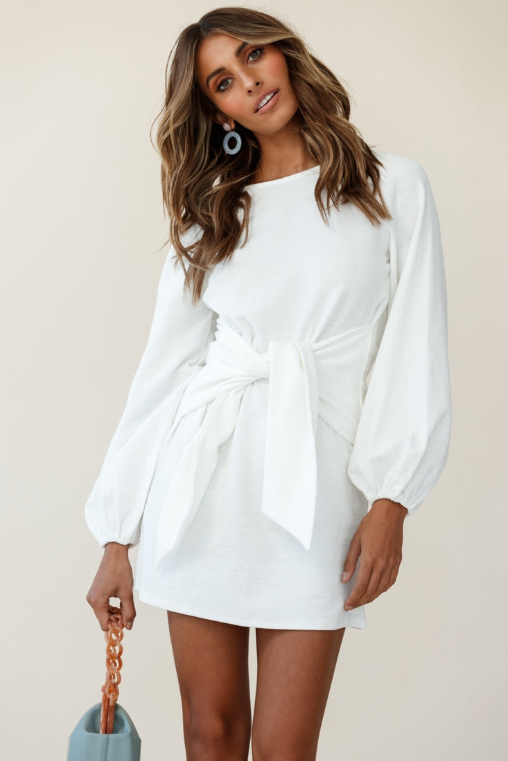 Rapt Waist Tie Balloon Sleeve Knit Dress White-Maymioy