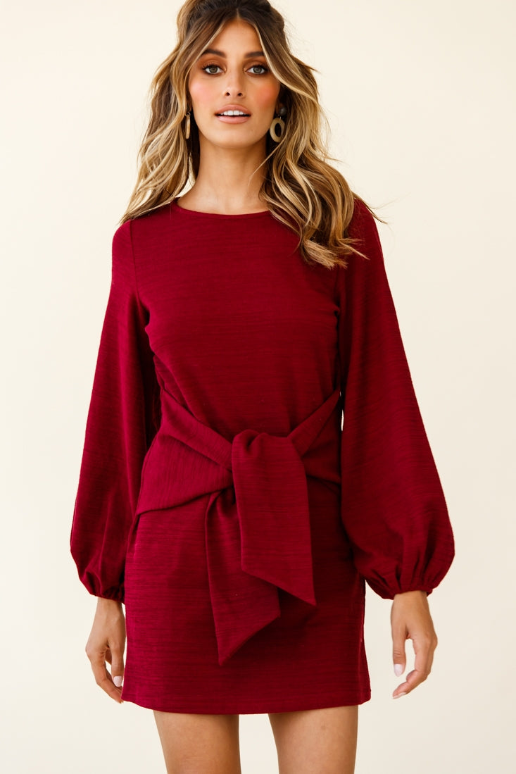 Rapt Waist Tie Balloon Sleeve Knit Dress Wine-Maymioy