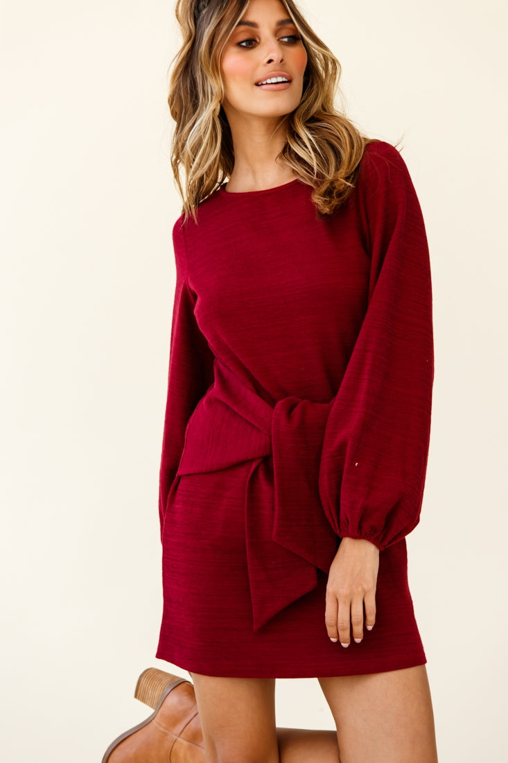 Rapt Waist Tie Balloon Sleeve Knit Dress Wine-Maymioy