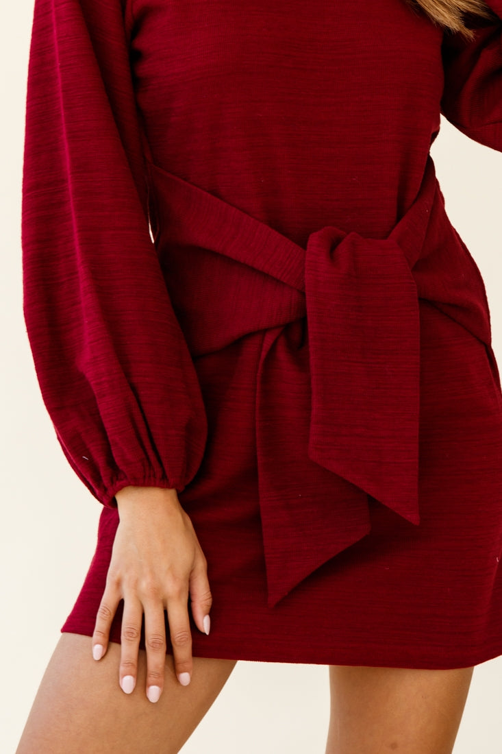 Rapt Waist Tie Balloon Sleeve Knit Dress Wine-Maymioy