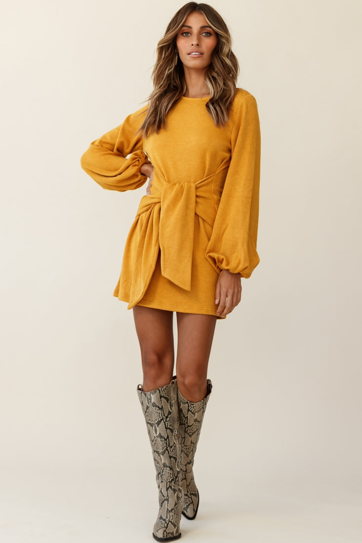 Rapt Waist Tie Knit Dress Mustard-Maymioy