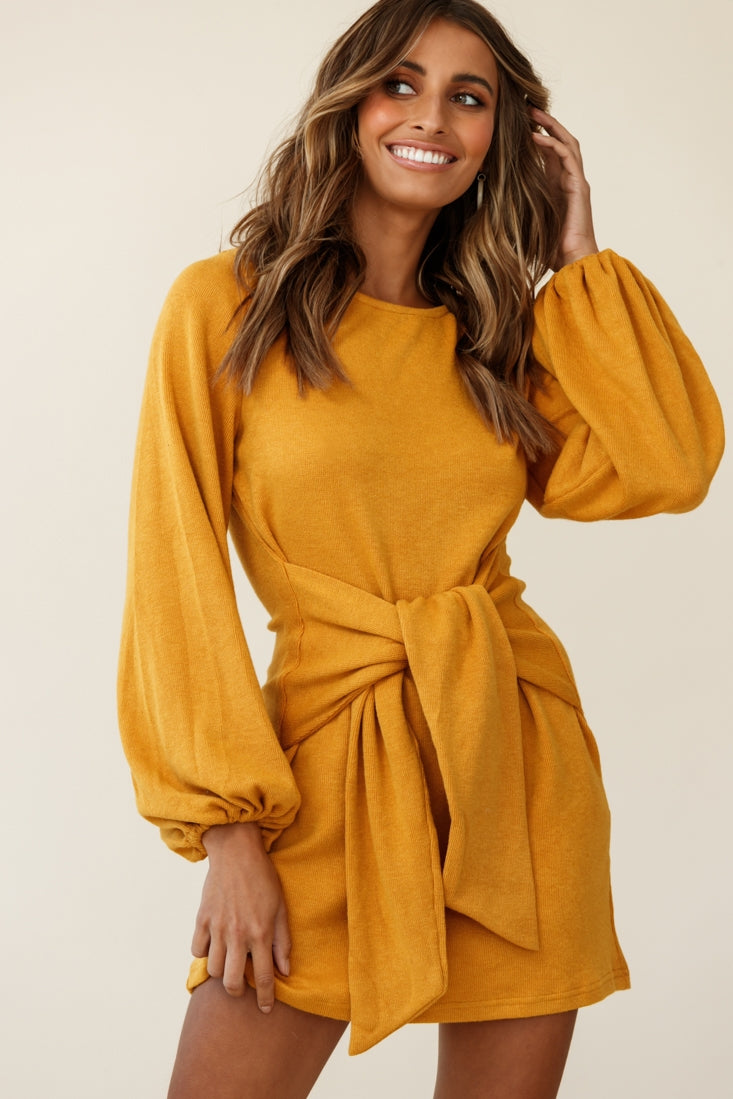 Rapt Waist Tie Knit Dress Mustard-Maymioy