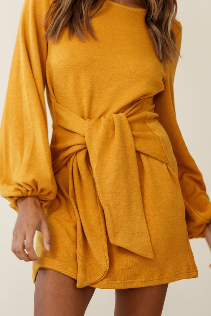Rapt Waist Tie Knit Dress Mustard-Maymioy