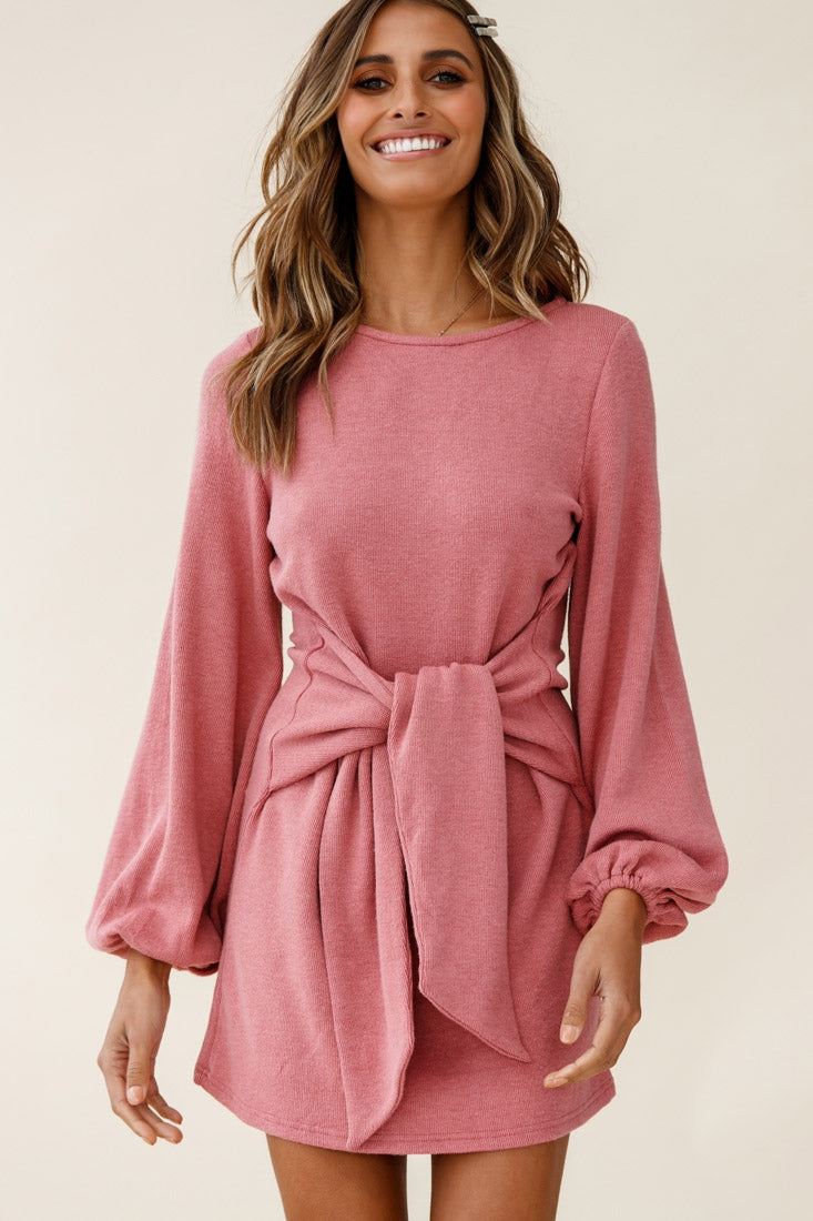 Rapt Waist Tie Knit Dress Rose-Maymioy