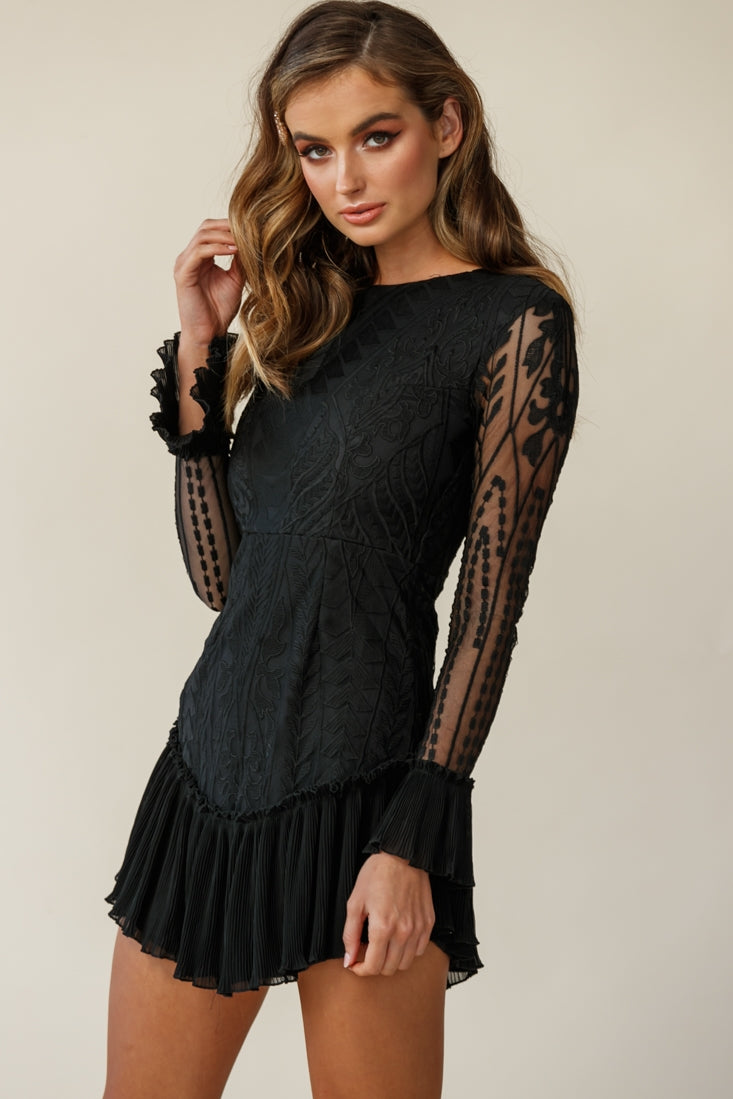 Dreamy Long Sleeve Mini Dress Black-Maymioy