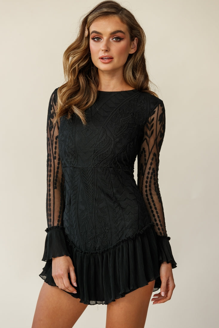 Dreamy Long Sleeve Mini Dress Black-Maymioy